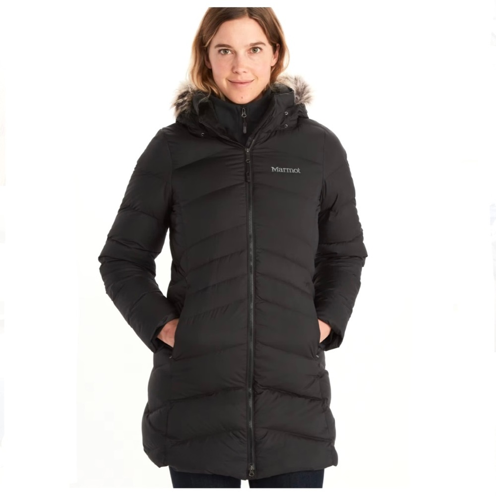 Marmot Montreal Insulated Down Coat! Black w/ faux fur, Excellent condition!